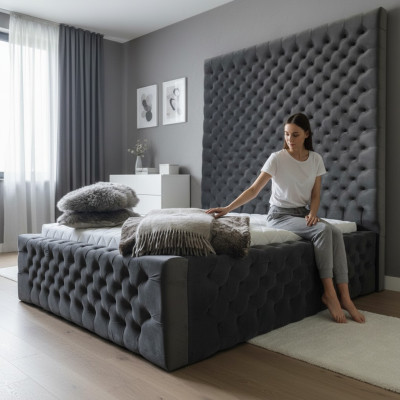 Designer Letto Chesterfield moderno in stile di lusso moderno con alto pannello della testiera.