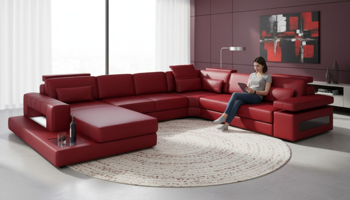 Divano ad angolo a forma di U realizzato in pregiato tessuto in fibra di cuoio premium.