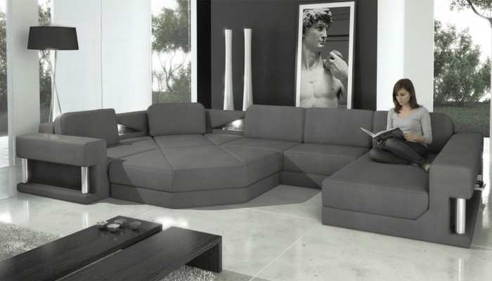 Divano design imbottito in tessuto moderno con funzione letto a forma di L, divano a forma di u in tessuto.
