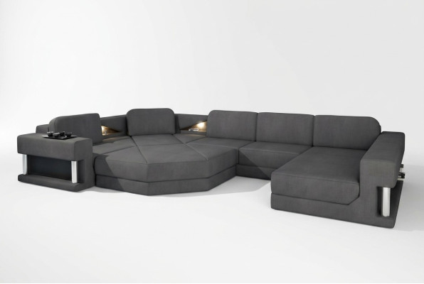 Divano design imbottito in tessuto moderno con funzione letto a forma di L, divano a forma di u in tessuto.