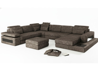 Divano d'angolo in tessuto a forma di U, design divano imbottito in tessuto per angolo soggiorno con funzione letto.