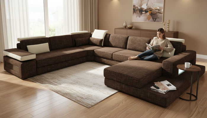 Design del divano ad angolo a forma di U in tessuto per divani moderni per l'arredamento della zona giorno.