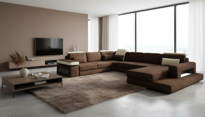 Design del divano ad angolo a forma di U in tessuto per divani moderni per l'arredamento della zona giorno.