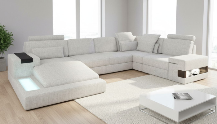 Divano ad angolo componibile a forma di U in tessuto per il soggiorno, divano nuovo di design.