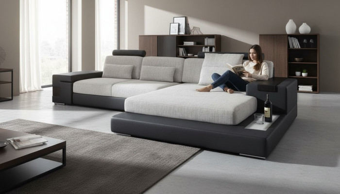 Tessuto divano a L per soggiorno, divano ad angolo design moderno in tessuto grande e moderno.