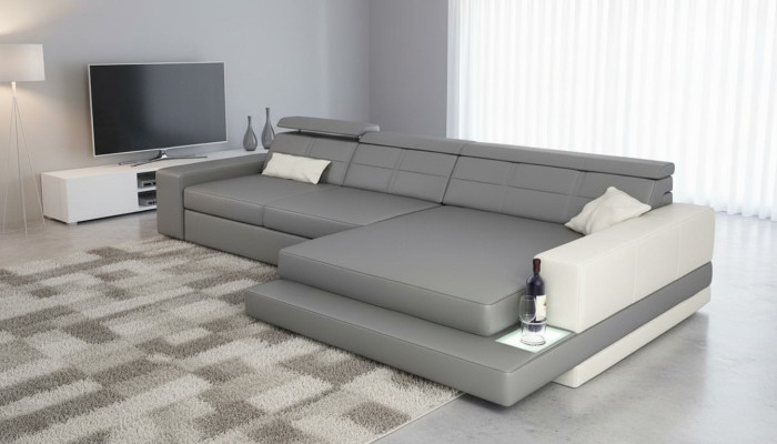 Divano ad angolo XXL in pelle, paesaggio soggiorno, design moderno, divano a forma di L.