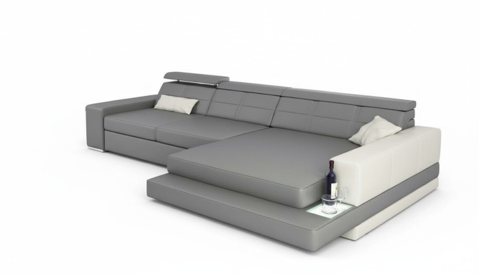 Divano ad angolo XXL in pelle, paesaggio soggiorno, design moderno, divano a forma di L.