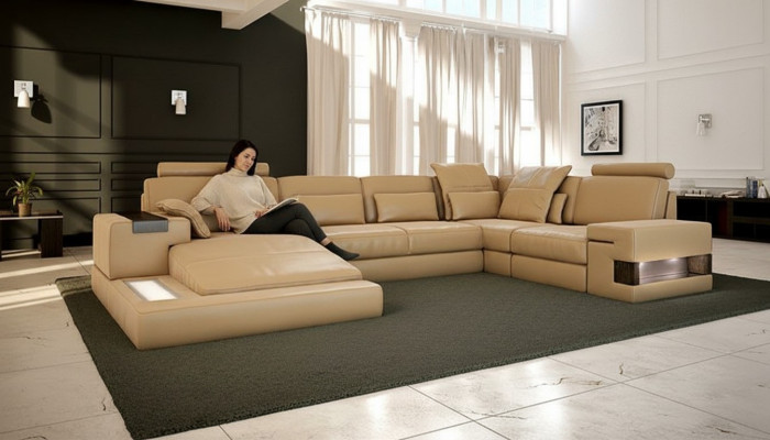 Design imbottito moderno in pelle con funzione letto, nuovo tessuto angolare a forma di U divano divano.