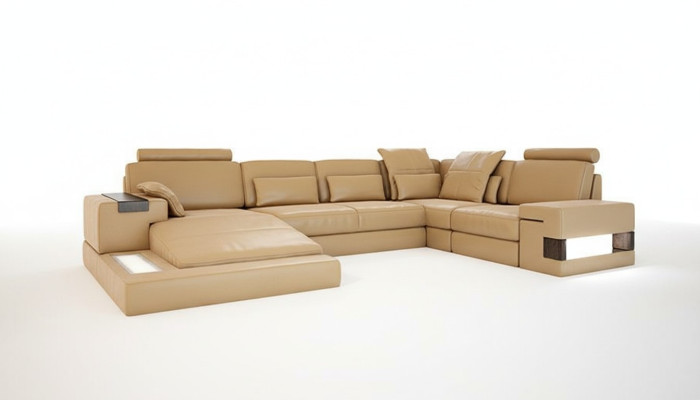 Design imbottito moderno in pelle con funzione letto, nuovo tessuto angolare a forma di U divano divano.