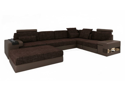 Divano d'angolo moderno in stile designer a forma di L, imbottito in tessuto con pouf, set di 2 pezzi, nuovo
