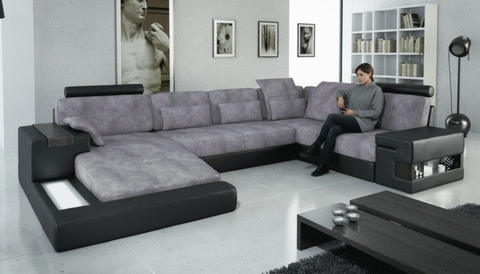 Designer Moderno Divano di lusso in tessuto a forma di U con funzioni letto grigio NUOVO