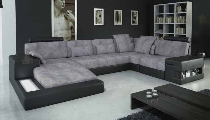 Designer Moderno Divano di lusso in tessuto a forma di U con funzioni letto grigio NUOVO