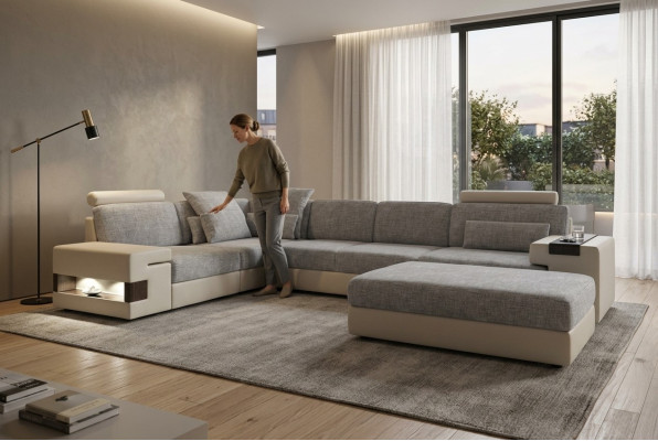 Spazio abitativo a L Design moderno Divano Divani Angolo salotto con poggiapiedi Paesaggio abitativo Mobili