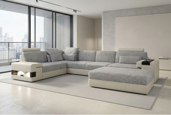 Spazio abitativo a L Design moderno Divano Divani Angolo salotto con poggiapiedi Paesaggio abitativo Mobili