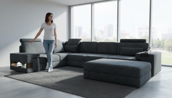Divano angolare con pouf in tessuto design per il soggiorno a forma di L moderno di lusso.