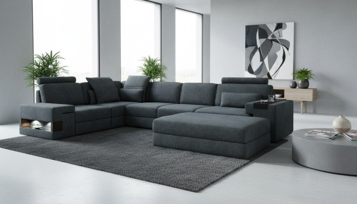Divano angolare con pouf in tessuto design per il soggiorno a forma di L moderno di lusso.