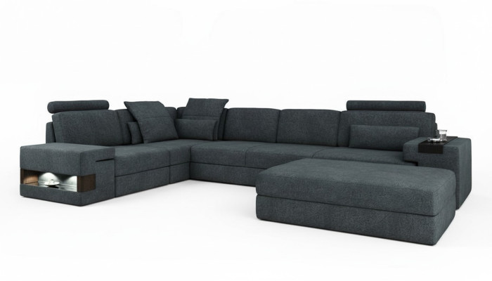Divano angolare con pouf in tessuto design per il soggiorno a forma di L moderno di lusso.