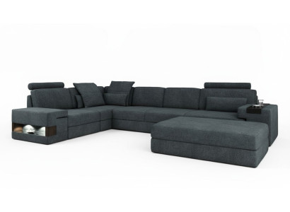 Divano angolare con pouf in tessuto design per il soggiorno a forma di L moderno di lusso.
