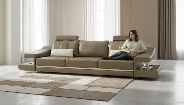 Moderni divani di lusso design 3 posti in pelle marrone, poltrone imbottite.
