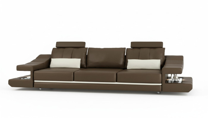 Moderno divano design di lusso 3 posti in tessuto marrone collocato nell'angolo.