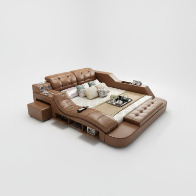 Doppio letto matrimoniale in pelle di lusso + letto imbottito con USB Moderno hotel multifunzione massaggi.
