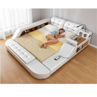 Design Doppio Letto di Lusso in Pelle Imbottito con USB Hotel Multifunzione Nuovo