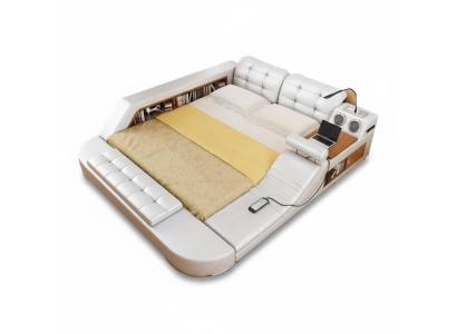 Design Doppio Letto di Lusso in Pelle Imbottito con USB Hotel Multifunzione Nuovo