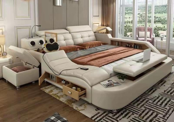 Letto multifunzione di design di lusso in pelle, letto matrimoniale con doppio ripiano 180x200cm
