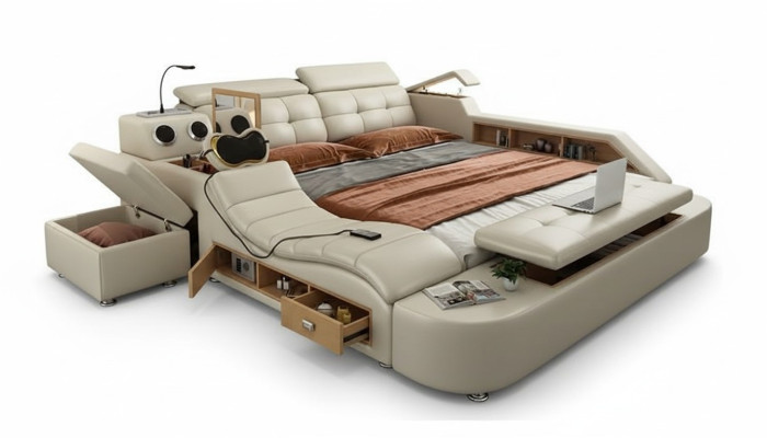 Letto multifunzione di design di lusso in pelle, letto matrimoniale con doppio ripiano 180x200cm