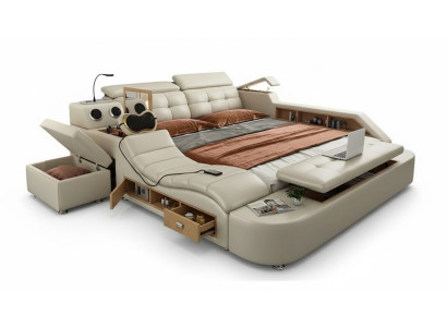 Letto multifunzione di design di lusso in pelle, letto matrimoniale con doppio ripiano 180x200cm