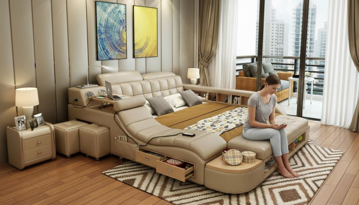Multi-funzionale letti di lusso in pelle moderni con funzione di massaggio per hotel, nuovi.