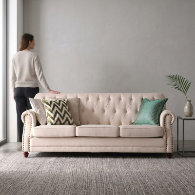 Divano Chesterfield a 3 posti con chaise longue, seduta relax, design divano, divano lounge.
