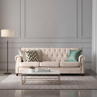 Divano Chesterfield a 3 posti con chaise longue, seduta relax, design divano, divano lounge.