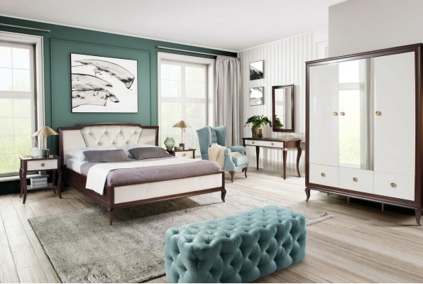 Set completo per camera da letto 4 pezzi, letto di design + 2 comodini + armadio.