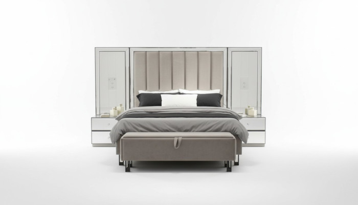Set da camera da letto esclusivo e lussuoso: letto, 2 comodini e panca.   traduzione in italiano: Set da camera da letto esclusivo e lussuoso: letto, 2 comodini e panca.