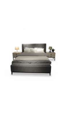 Lussuoso set da camera da letto con letto matrimoniale di design elegante e 2 comodini.