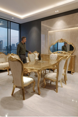 Tavolo da pranzo classico + 6 sedie + credenza con specchio oro in legno comò nuovo