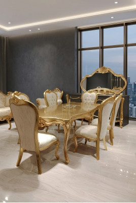 Tavolo da pranzo classico + 6 sedie + credenza con specchio oro in legno comò nuovo