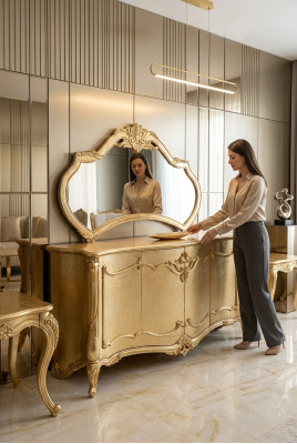 Mobile portaoggetti di lusso con specchiera, set di cassettiere in legno, classico.