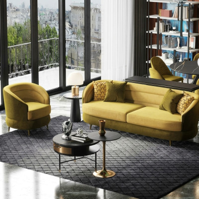 Divano design Lounge in velluto giallo con divano a 3 posti + 1 poltrona.