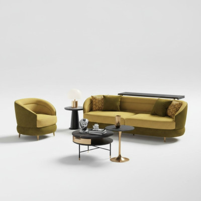 Divano design Lounge in velluto giallo con divano a 3 posti + 1 poltrona.