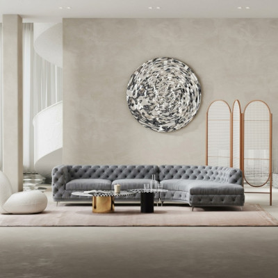 Divano Chesterfield design lounge in tessuto ad angolo a L con chaise longue.