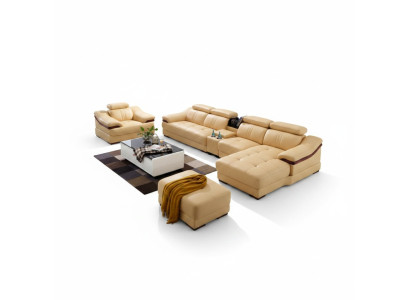 Soggiorno di lusso, divano ad angolo moderno in tessuto a forma di L, relax, seduta, mobili.