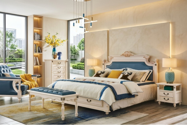 Letto matrimoniale imbottito di design in stile coloniale in pelle.