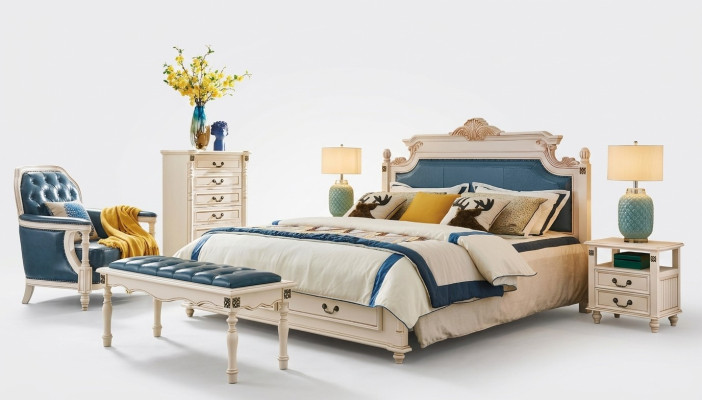 Letto matrimoniale imbottito di design in stile coloniale in pelle.