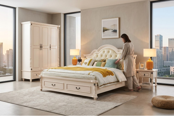 Letto matrimoniale Chesterfield e 2 tavolini con gambe tornite.