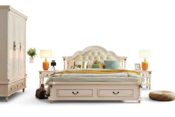 Letto matrimoniale Chesterfield e 2 tavolini con gambe tornite.