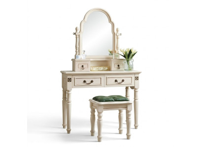 Set tavolino per il trucco con specchio e sgabello in legno, 2 pezzi.