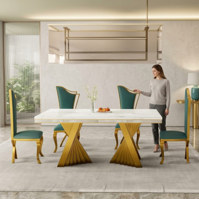 Tavolo da pranzo di lusso in metallo dorato per sala da pranzo.