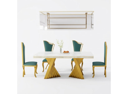 Tavolo da pranzo di lusso in metallo dorato per sala da pranzo.